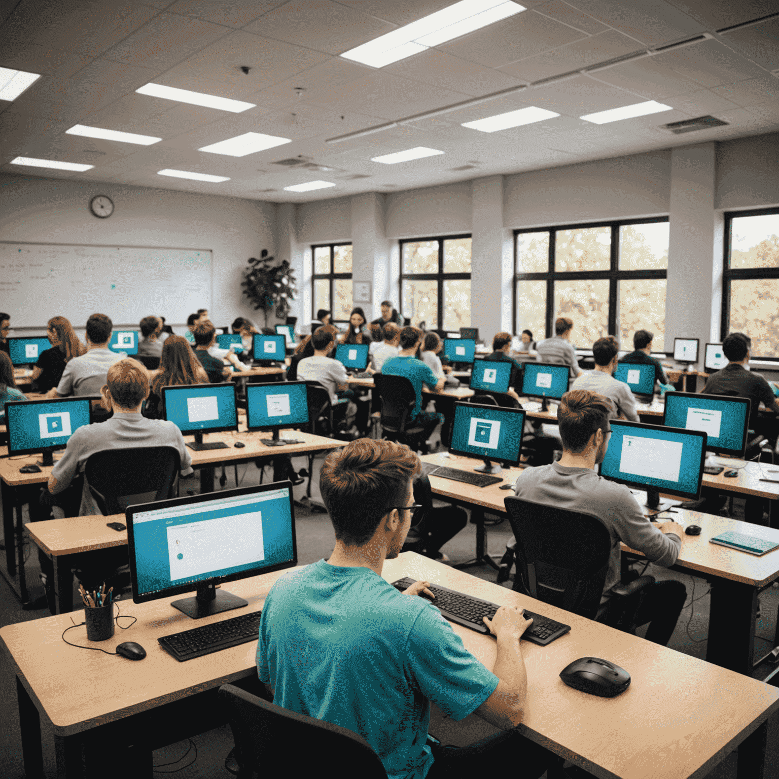 Estudiantes trabajando en computadoras en un aula moderna, aprendiendo diseño web