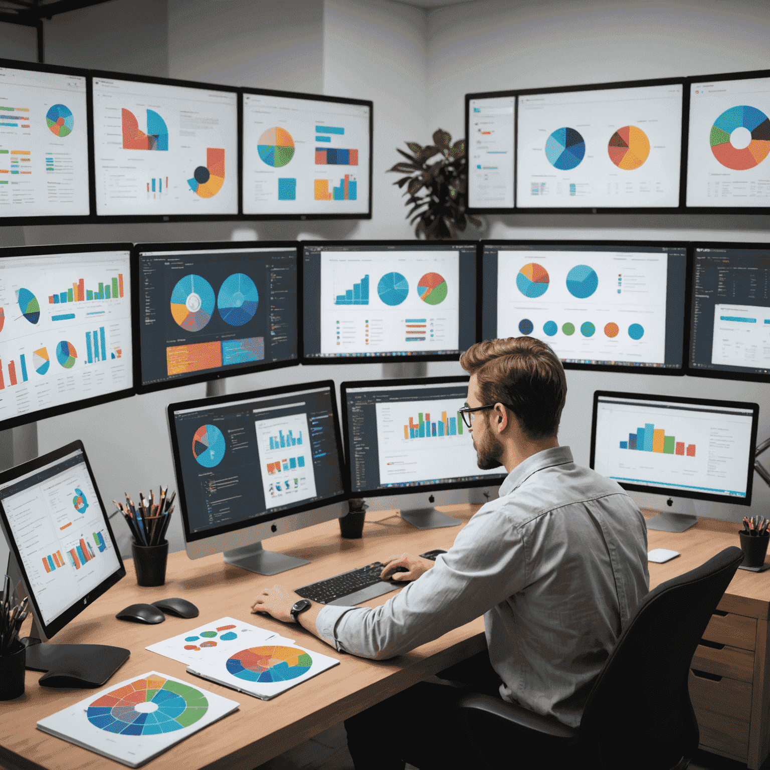 Imagen que muestra un diseñador web trabajando en un escritorio con múltiples pantallas, mostrando wireframes y paletas de colores